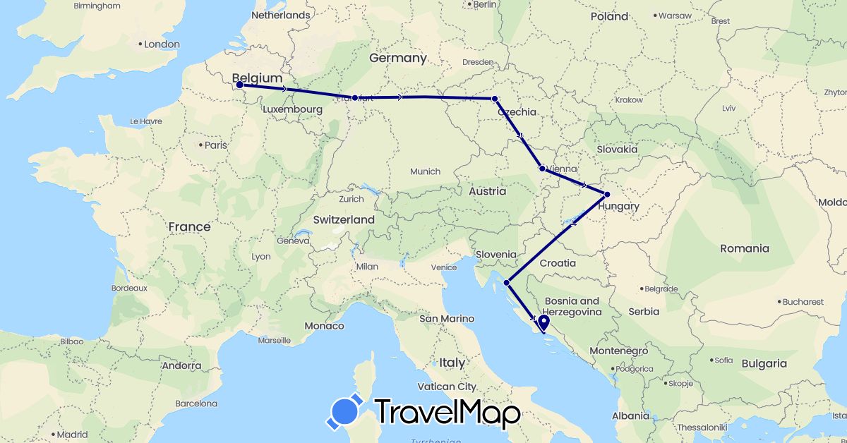 TravelMap itinerary: driving in Austria, Belgium, Czech Republic, Germany, Croatia, Hungary (Europe)